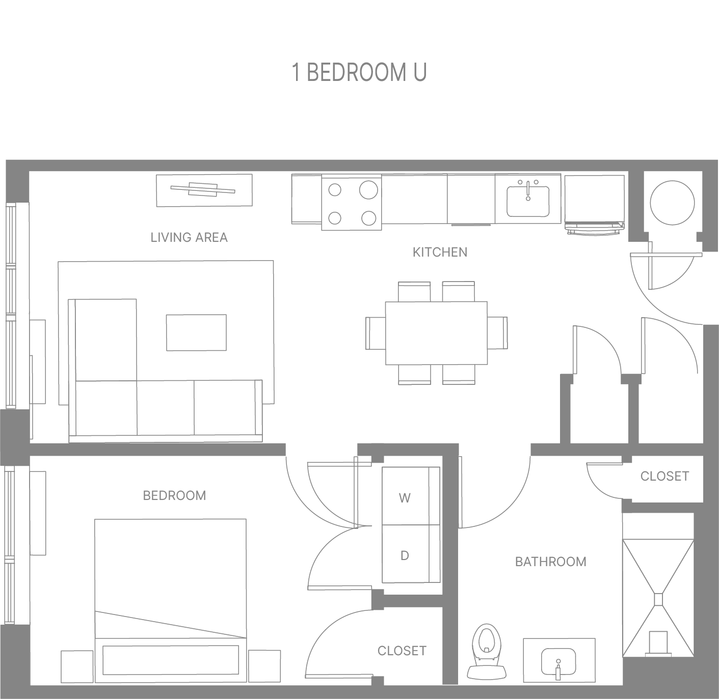 Floor plan for 1 bed, 1 bath, 710 sqft