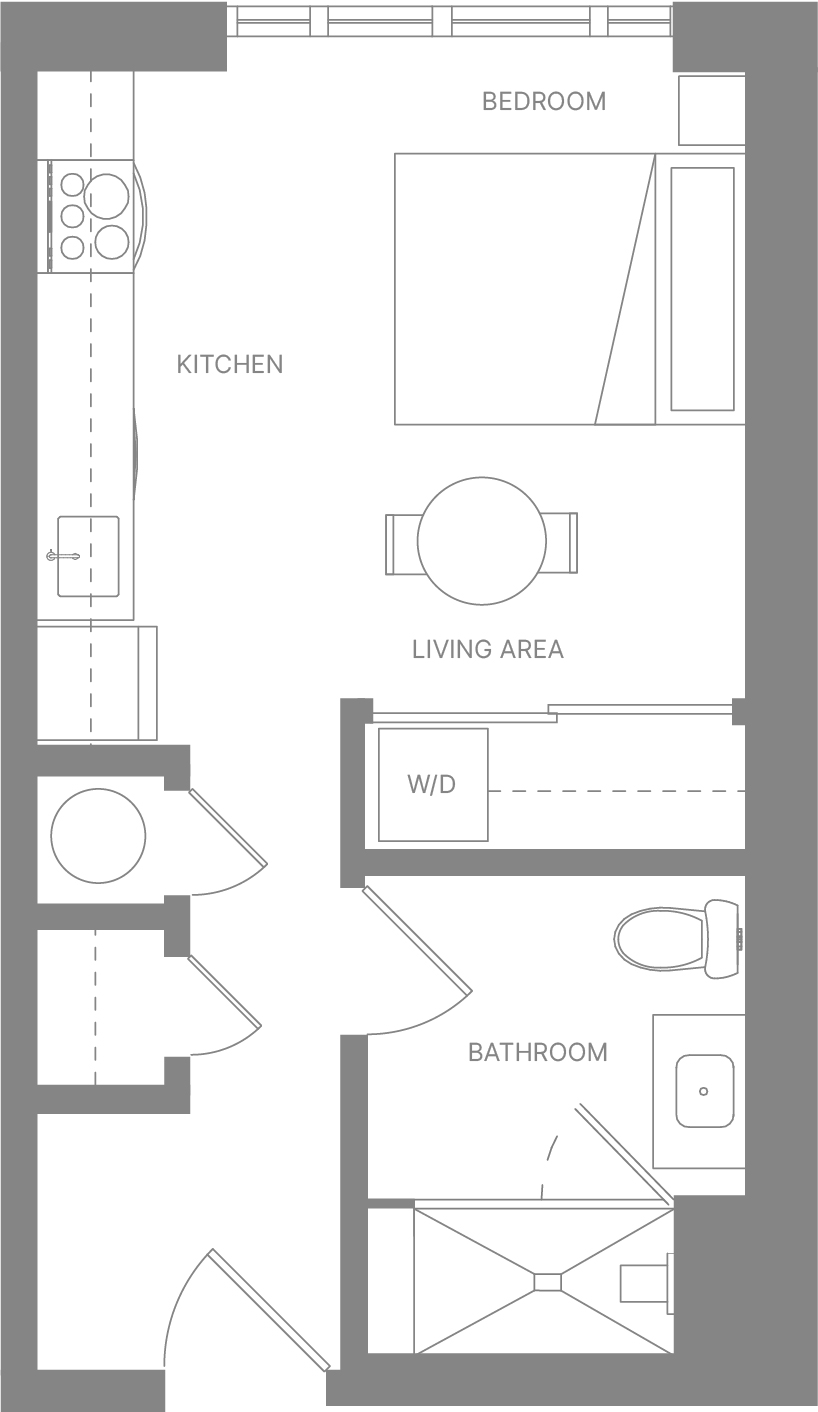 Floor plan for studio, 1 bath, 448 sqft