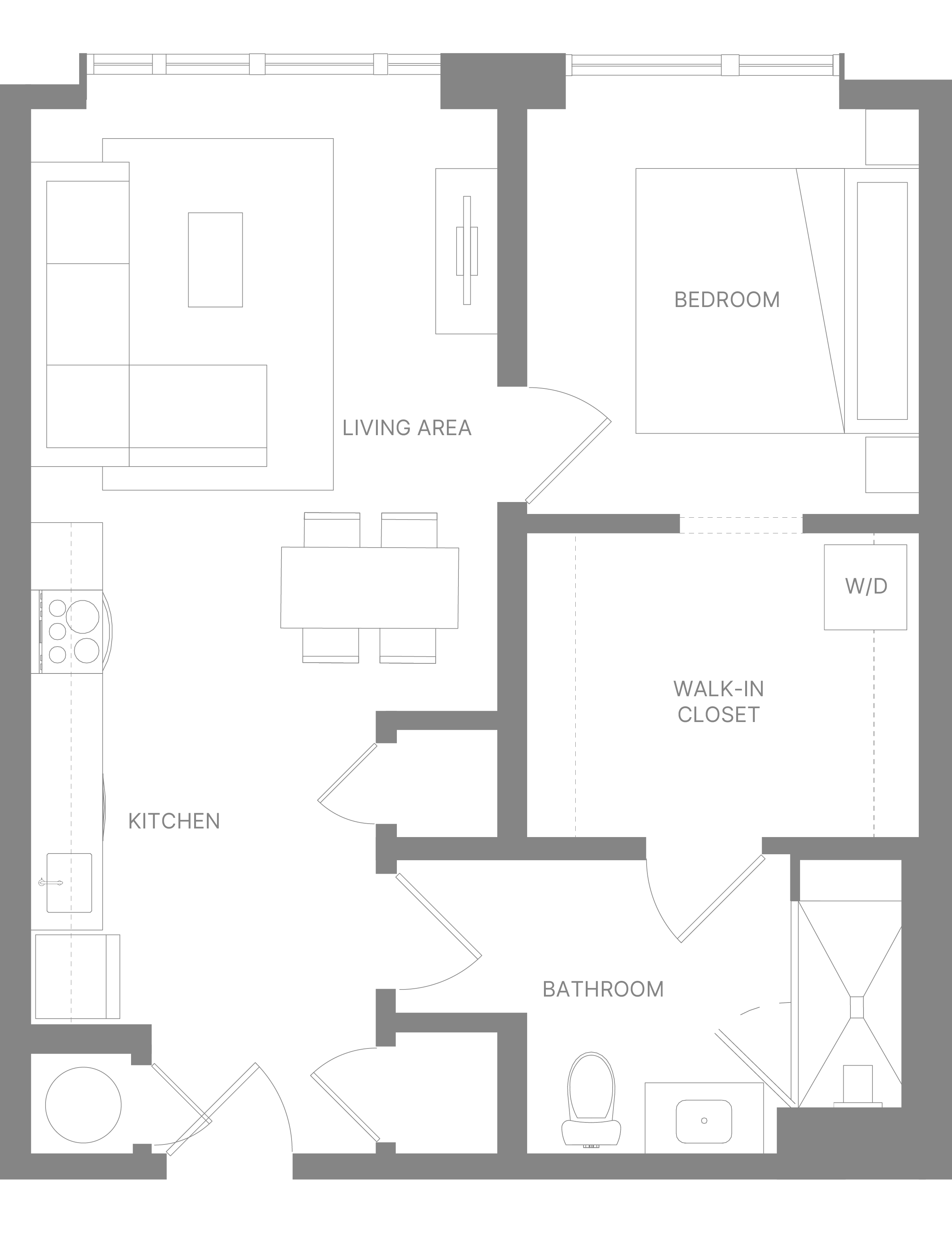Floor plan for 1 bed, 1 bath, 645 sqft