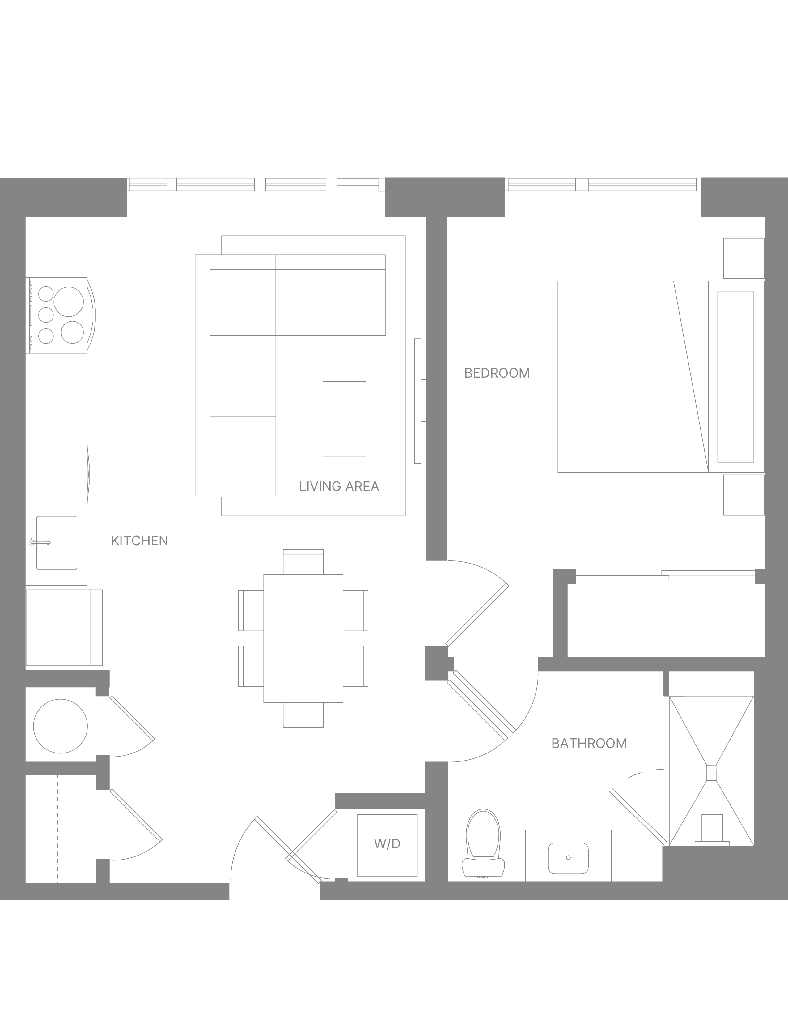 Floor plan for 1 bed, 1 bath, 657 sqft