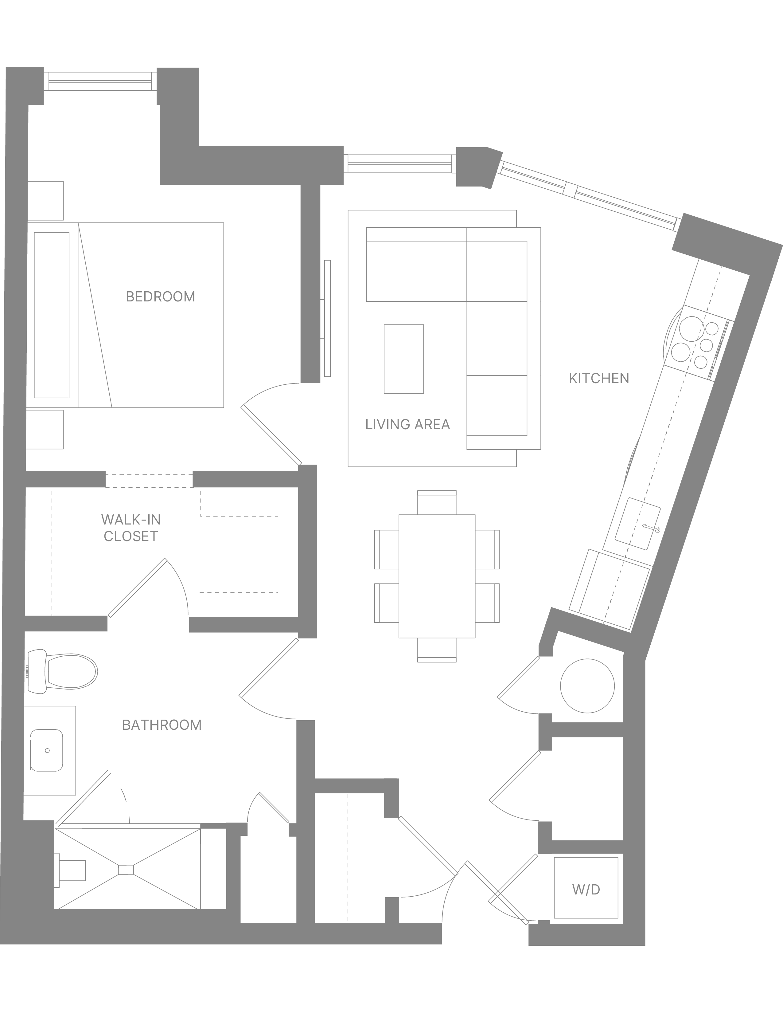 Floor plan for 1 bed, 1 bath, 674 sqft