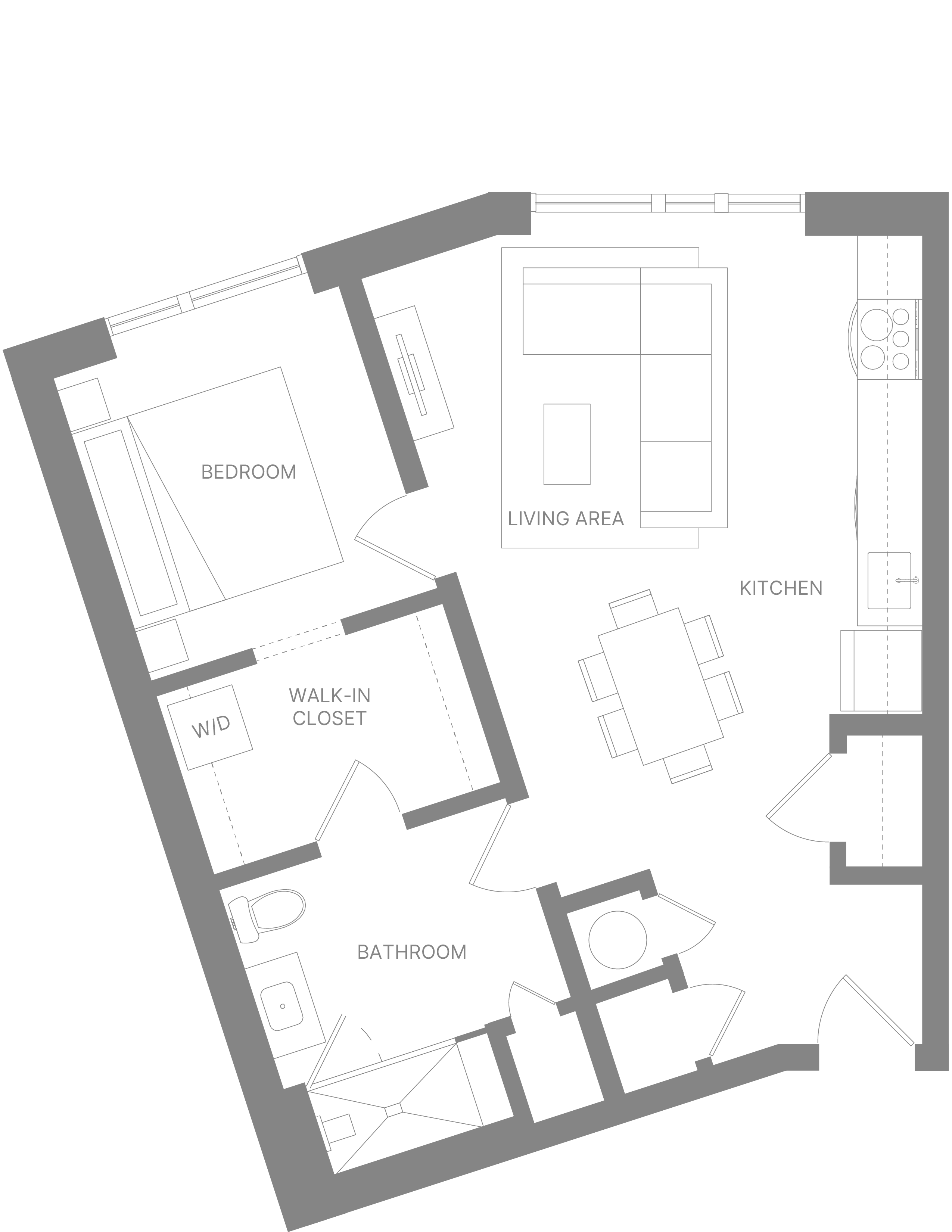 Floor plan for 1 bed, 1 bath, 680 sqft