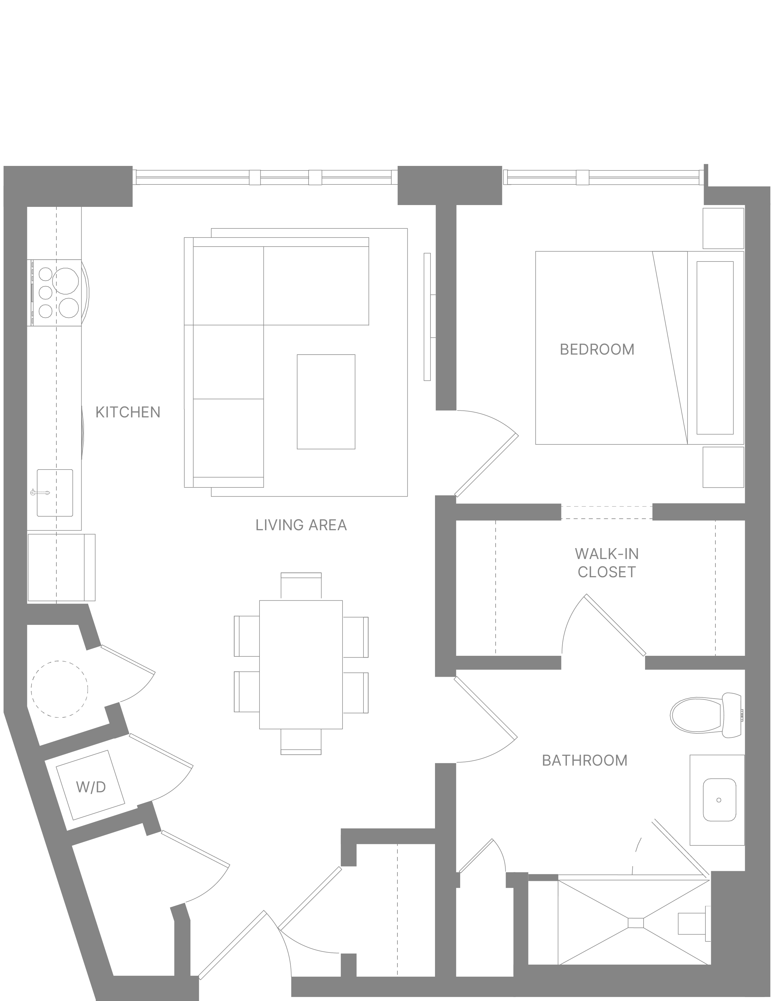 Floor plan for 1 bed, 1 bath, 686 sqft