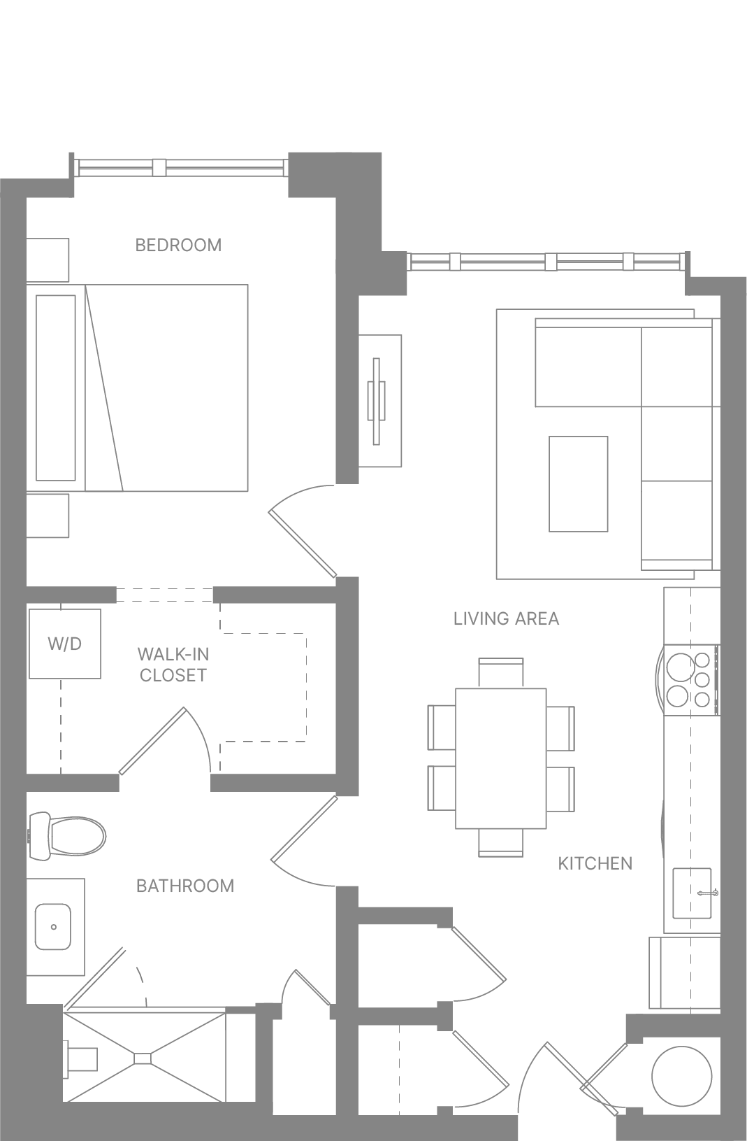 Floor plan for 1 bed, 1 bath, 686 sqft