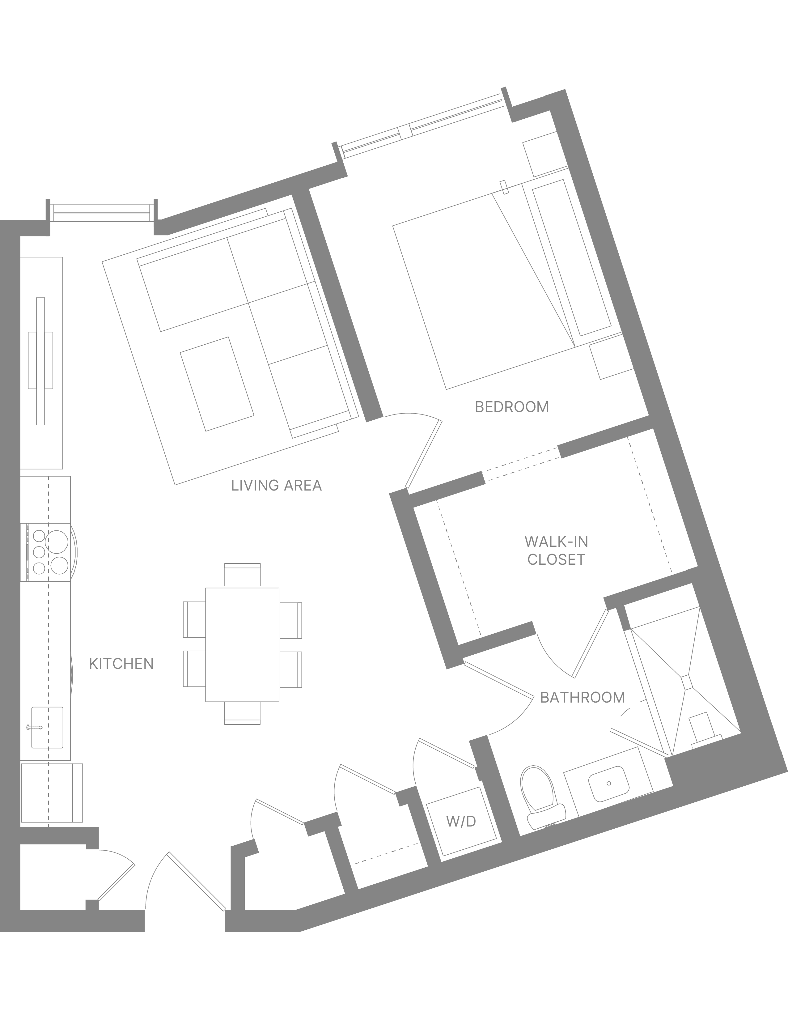 Floor plan for 1 bed, 1 bath, 726 sqft