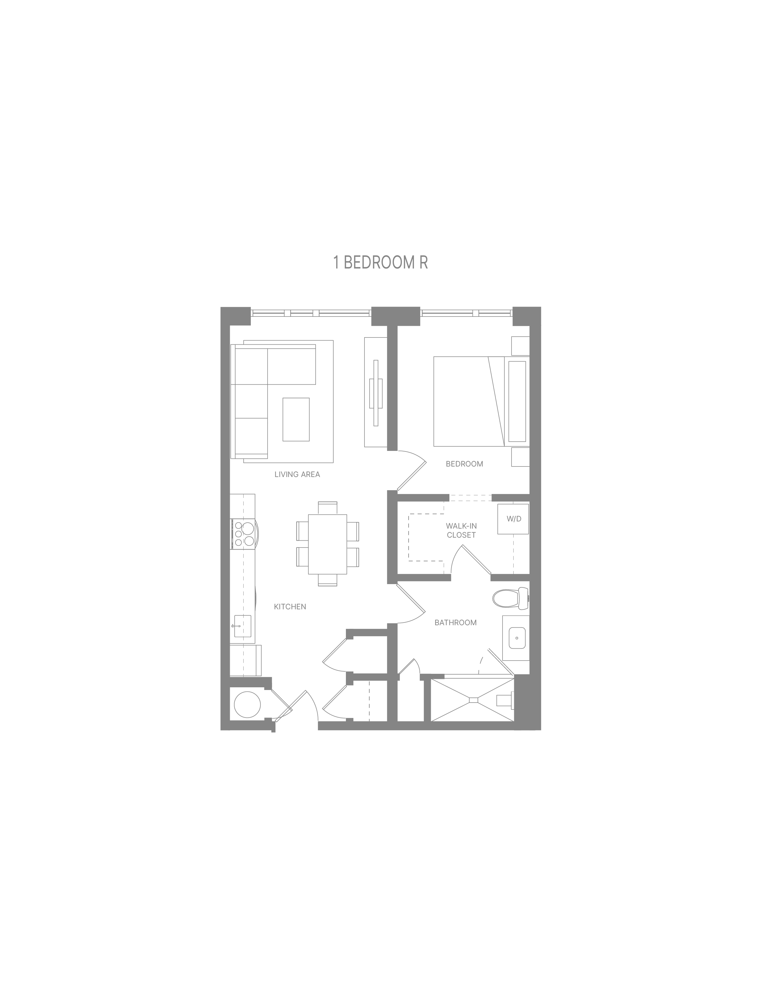 Floor plan for 1 bed, 1 bath, 744 sqft