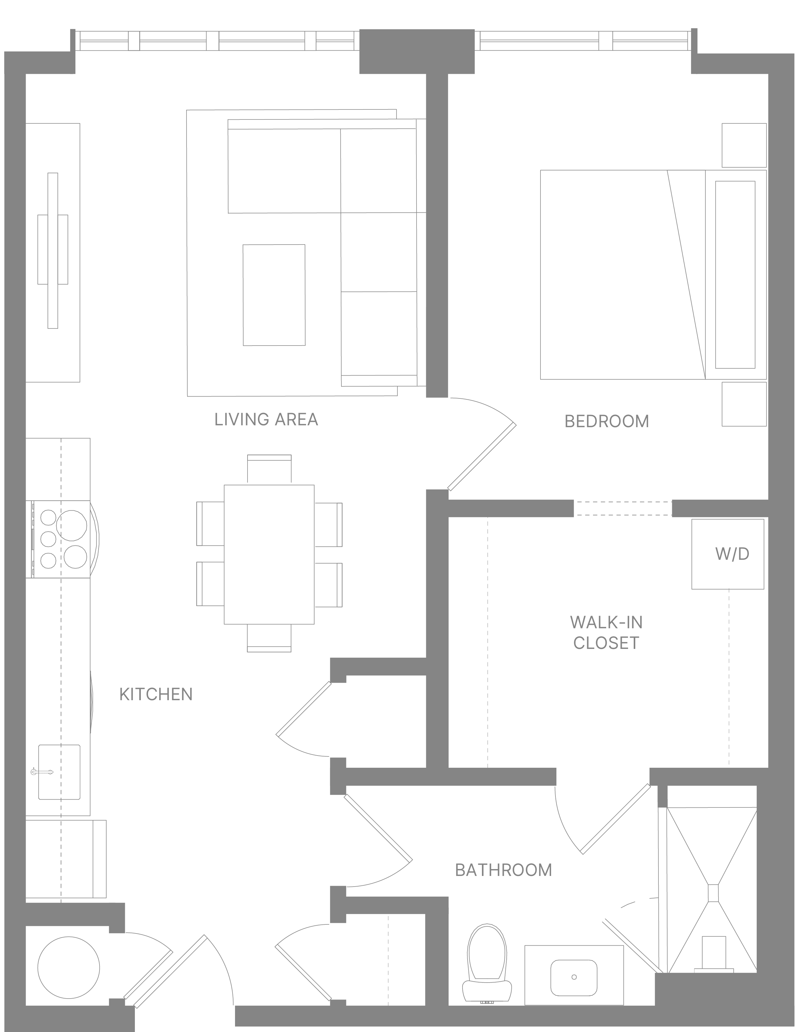 Floor plan for 1 bed, 1 bath, 747 sqft