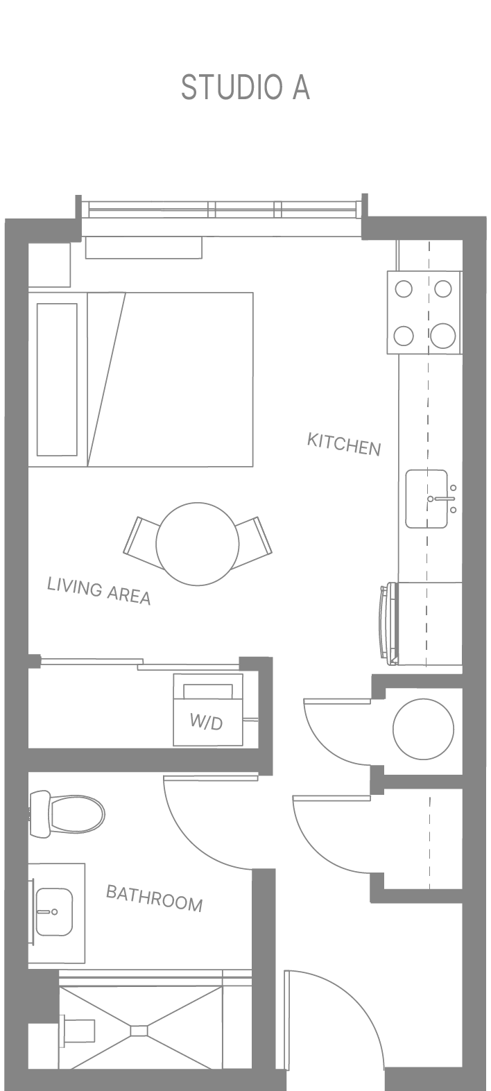 Floor plan for studio, 1 bath, 411 sqft