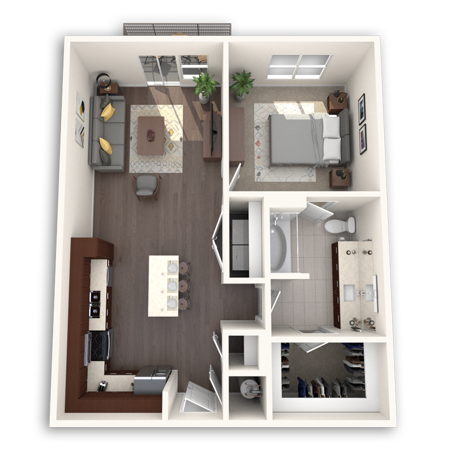 Floor plan for 1 bed, 1 bath, 750 sqft