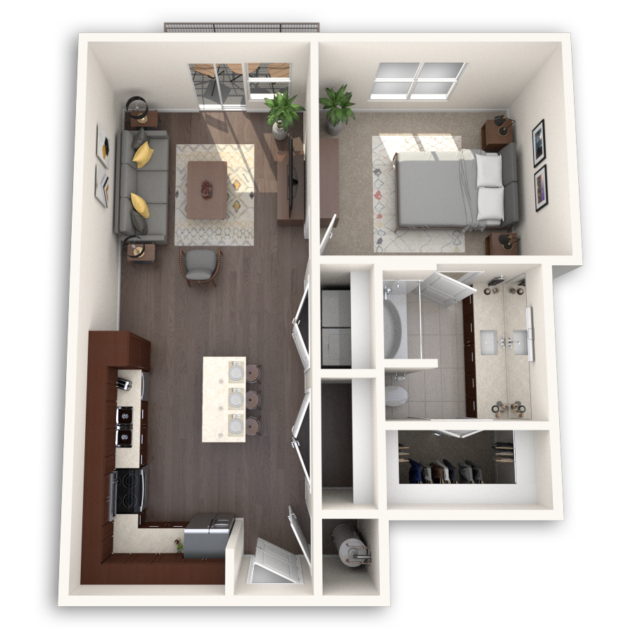Floor plan for 1 bed, 1 bath, 733 sqft