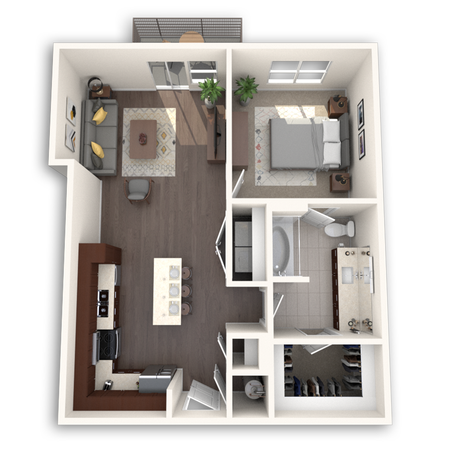 Floor plan for 1 bed, 1 bath, 765 sqft