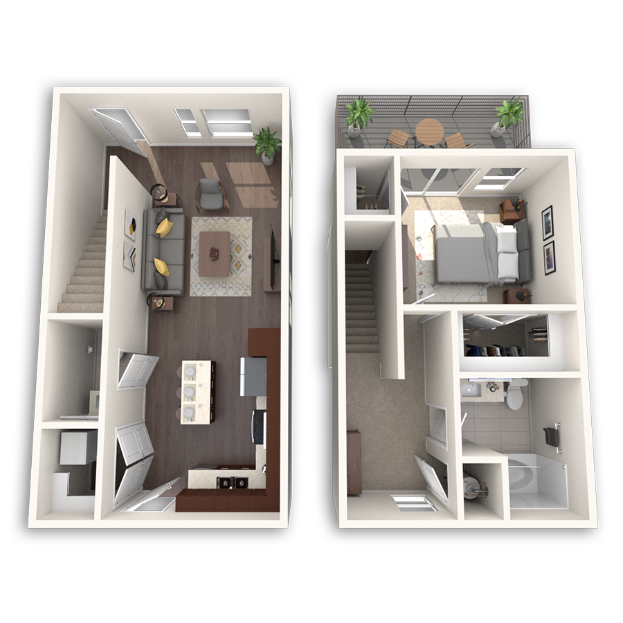 Floor plan for 1 bed, 1.5 baths, 967 sqft