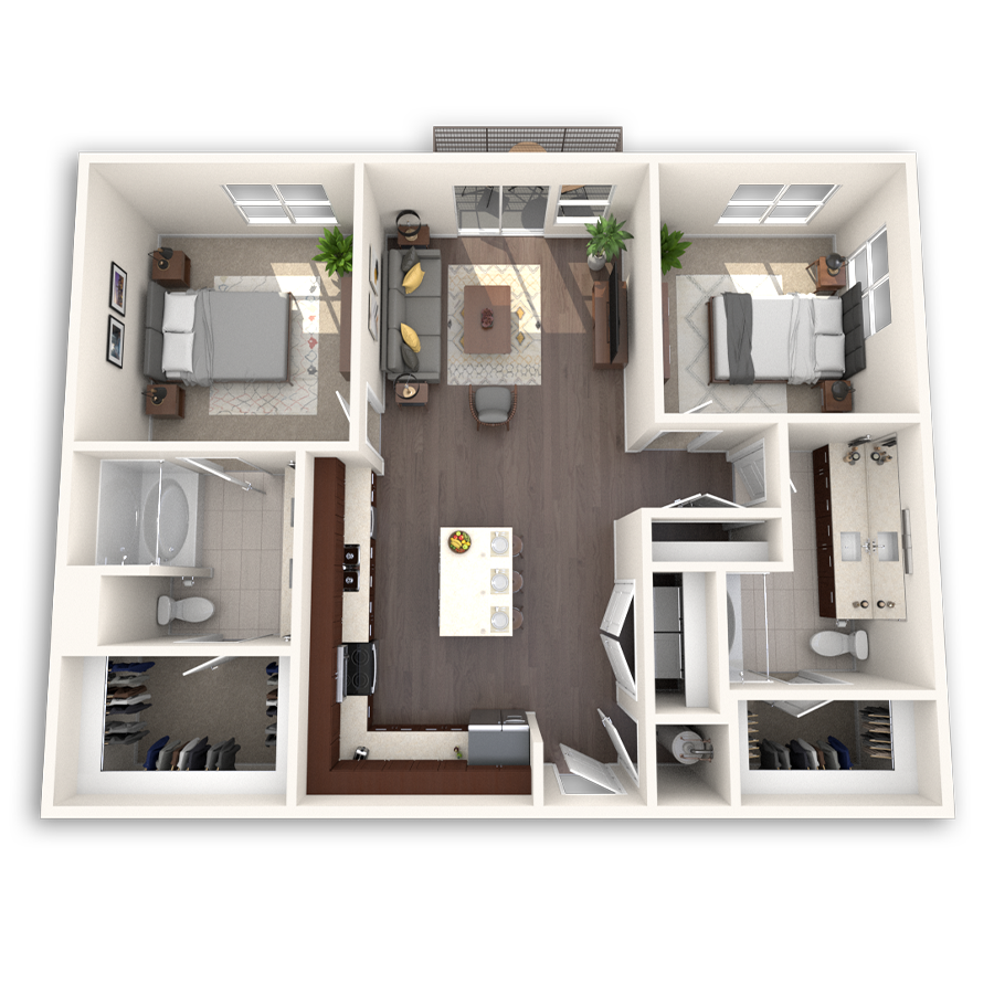 Floor plan for 2 beds, 2 baths, 1072 sqft