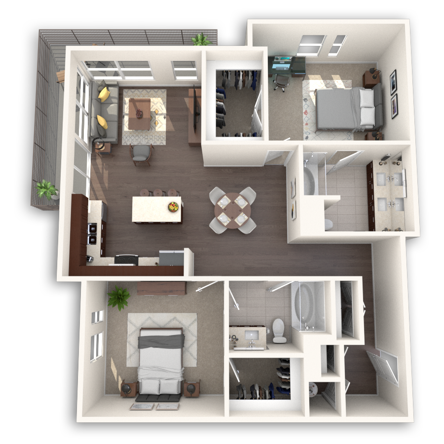 Floor plan for 2 beds, 2 baths, 1308 sqft