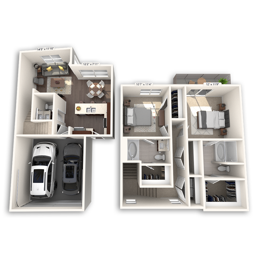 Floor plan for 2 beds, 2.5 baths, 1848 sqft