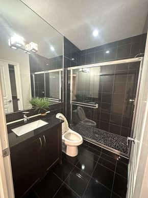 Calgary house for rent - a bathroom with black tile and a shower and a toilet
