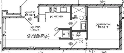 Floor plan for 1 bed, 1 bath, 485 sqft
