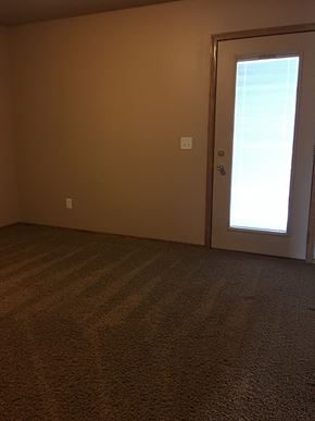 Dell Rapids apartment for rent - A room with a carpeted floor and a door leading to a bright outdoor area.