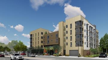 San Jose apartment for rent - a rendering of a new apartment building on a city street