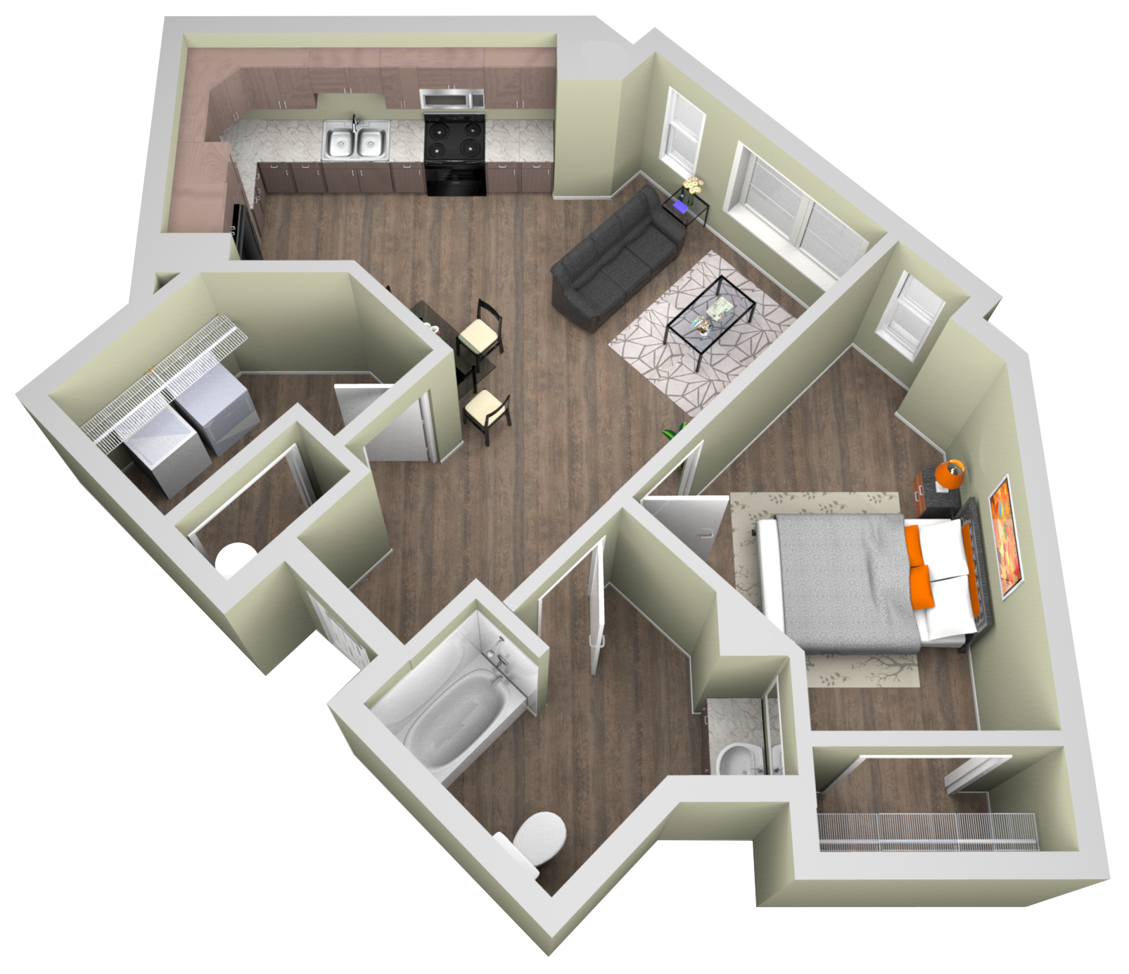 Floor plan for 1 bed, 1 bath, 719 sqft