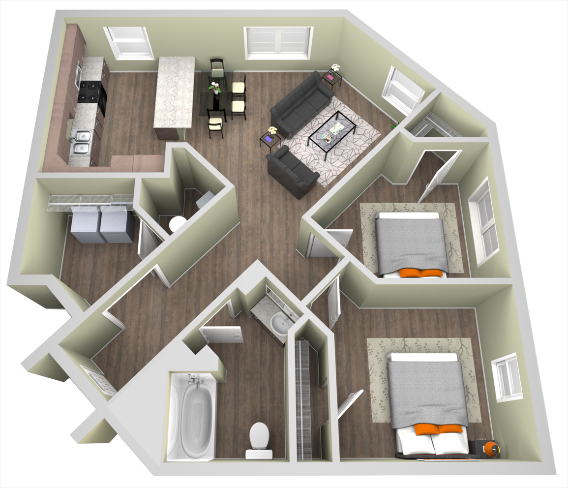 Floor plan for 2 beds, 1 bath, 900 sqft