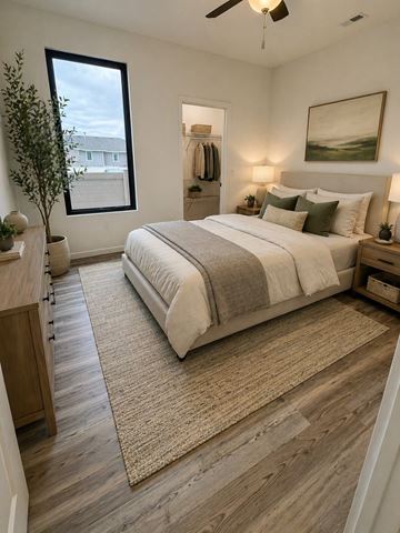 Dodge City apartment for rent - A bedroom with a large bed and a ceiling fan.