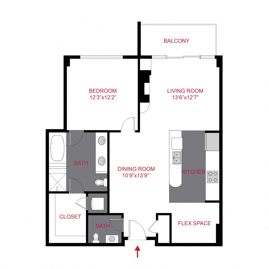 Floor plan for 1 bed, 1.5 baths, 945 sqft