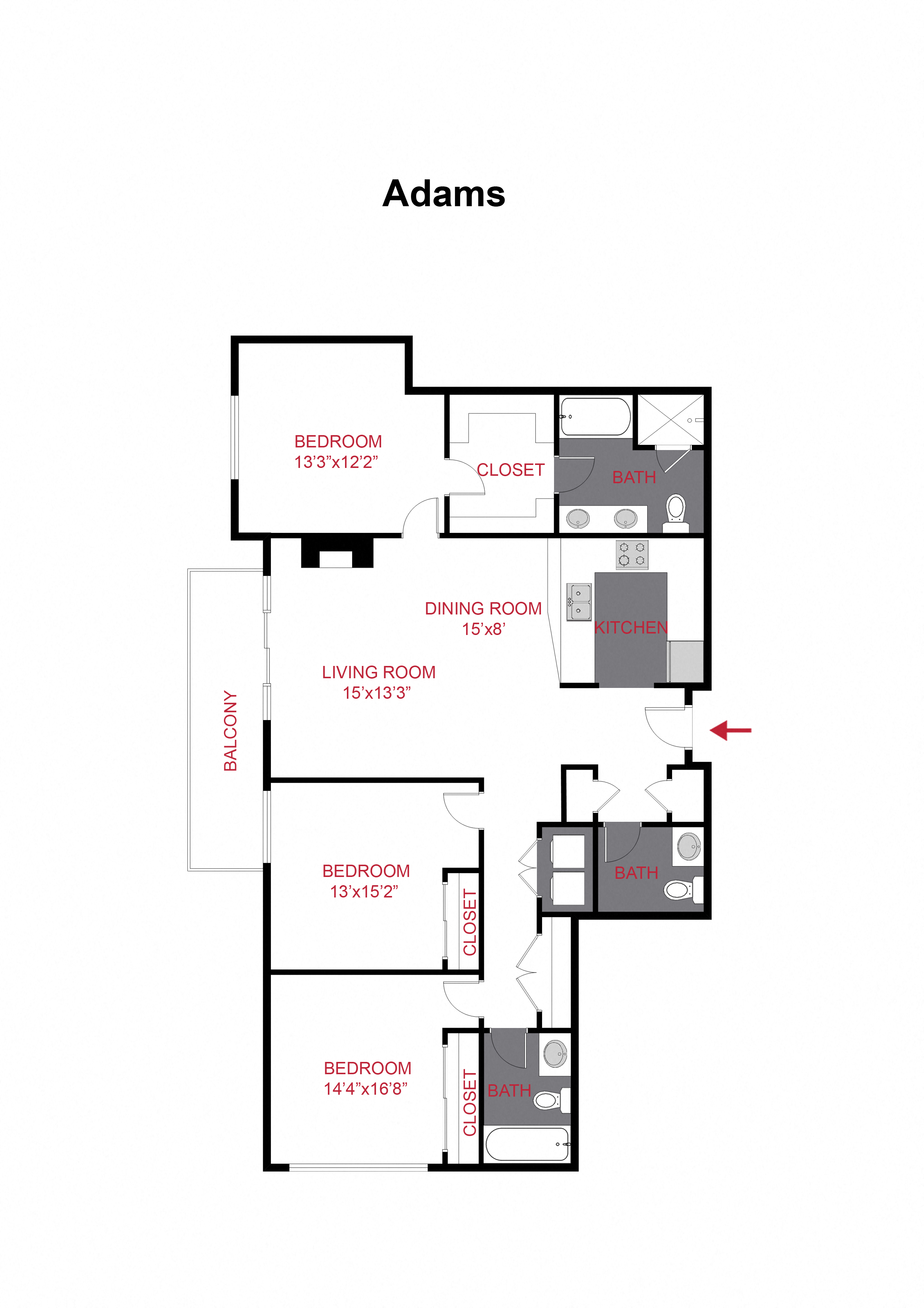 Floor plan for 3 beds, 2.5 baths, 1652 sqft