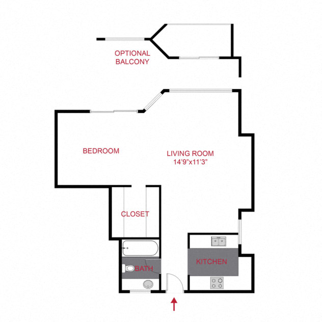 Floor plan for studio, 1 bath, 570 sqft