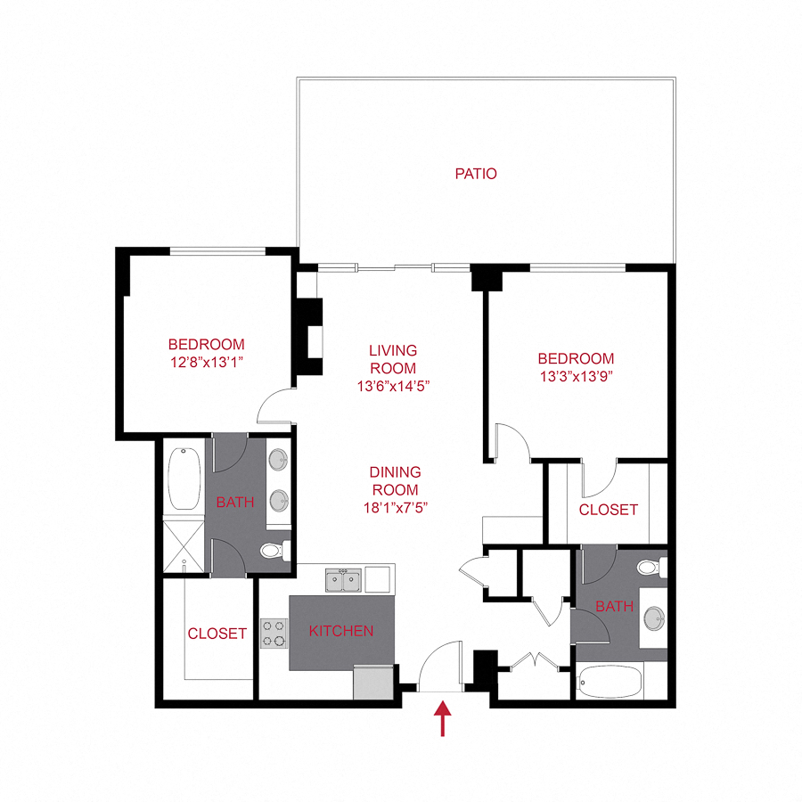 Floor plan for 2 beds, 2 baths, 1282 sqft