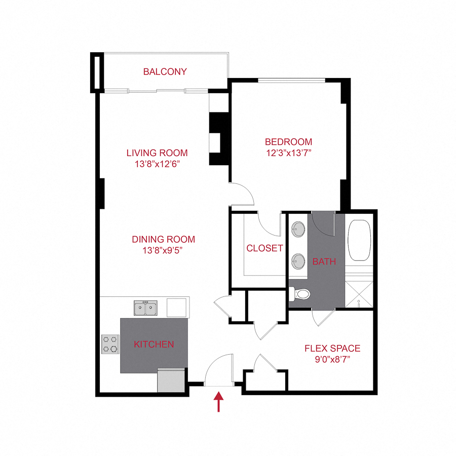 Floor plan for 1 bed, 1 bath, 945 sqft
