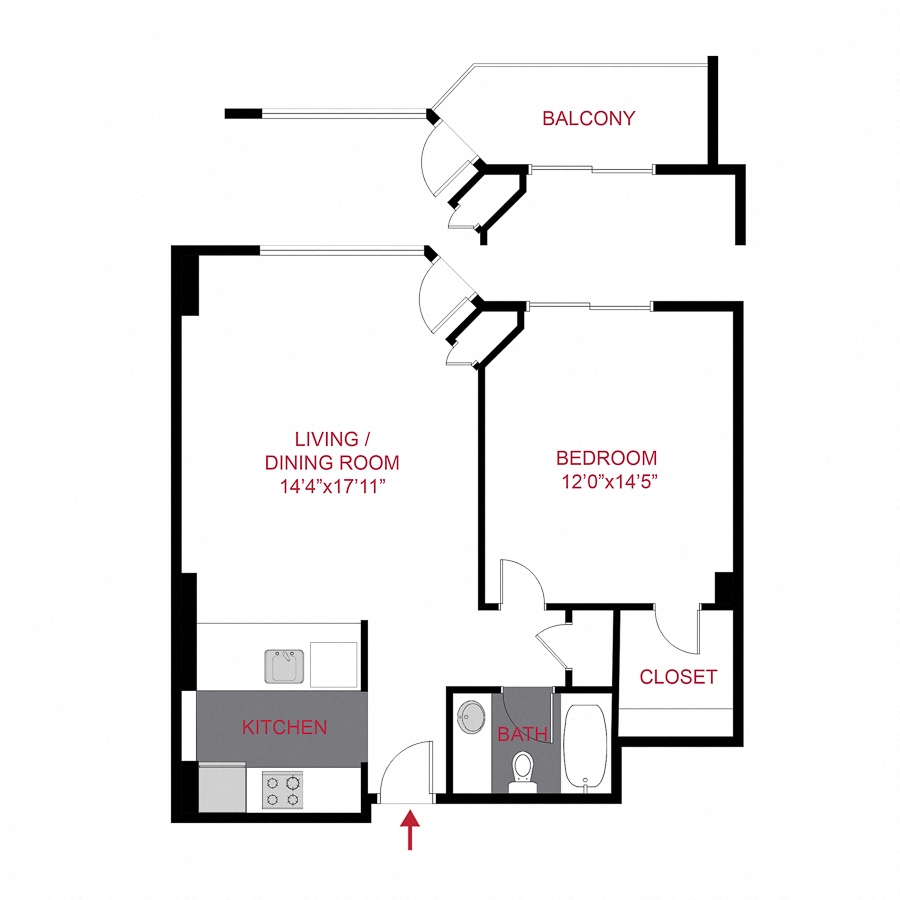 Floor plan for 1 bed, 1 bath, 765 sqft
