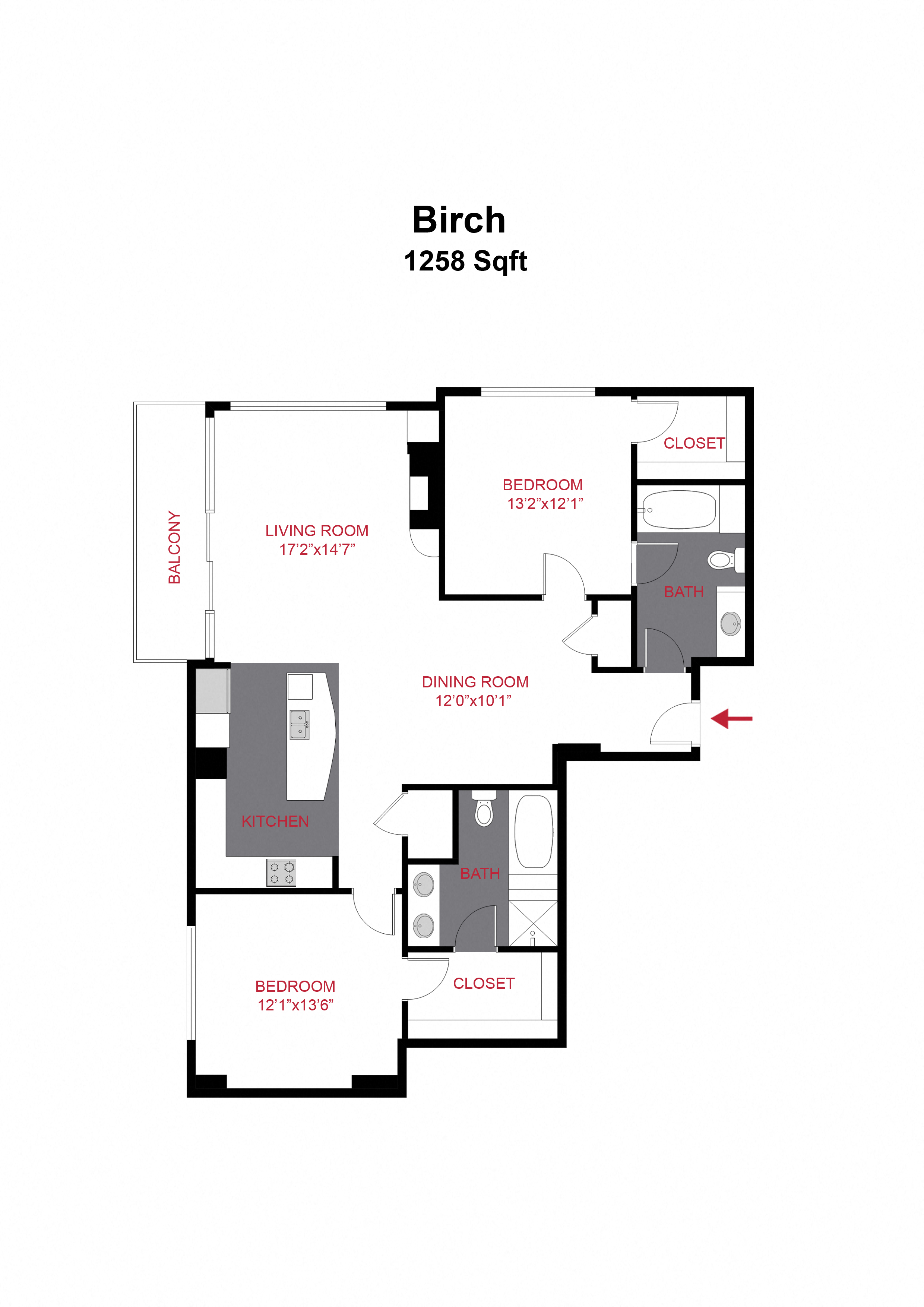 Floor plan for 2 beds, 2 baths, 1312 sqft