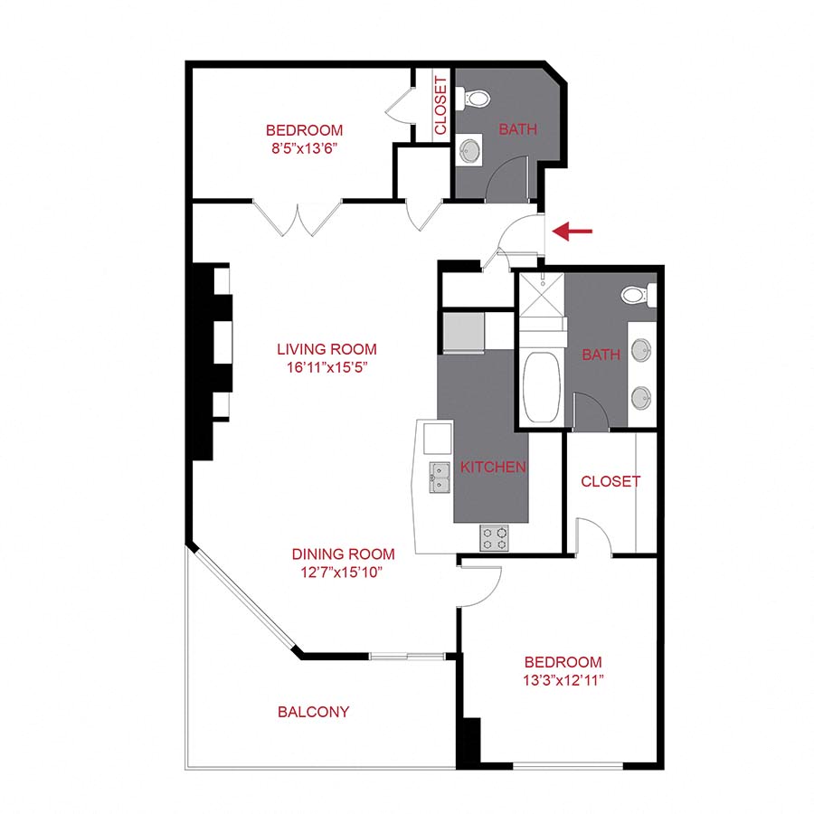 Floor plan for 1 bed, 1.5 baths, 1195 sqft