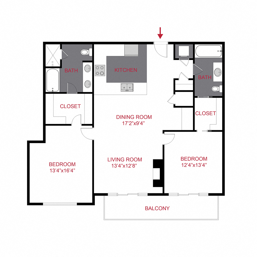 Floor plan for 2 beds, 2 baths, 1299 sqft