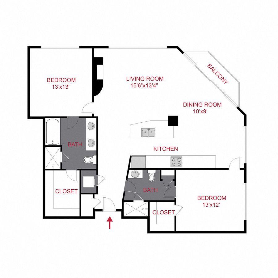 Floor plan for 2 beds, 2 baths, 1324 sqft