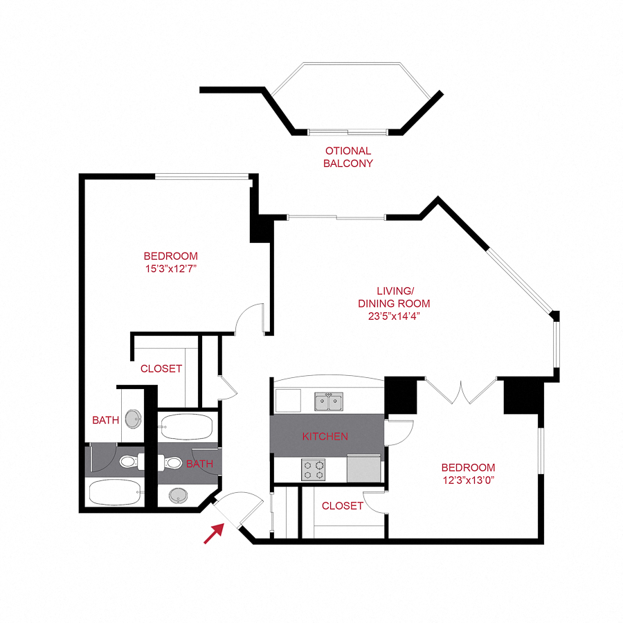 Floor plan for 2 beds, 1 bath, 1137 sqft
