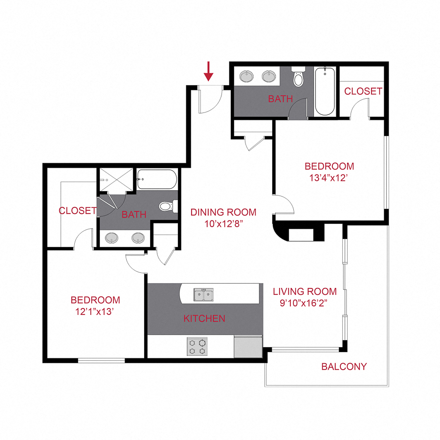 Floor plan for 2 beds, 2 baths, 1212 sqft