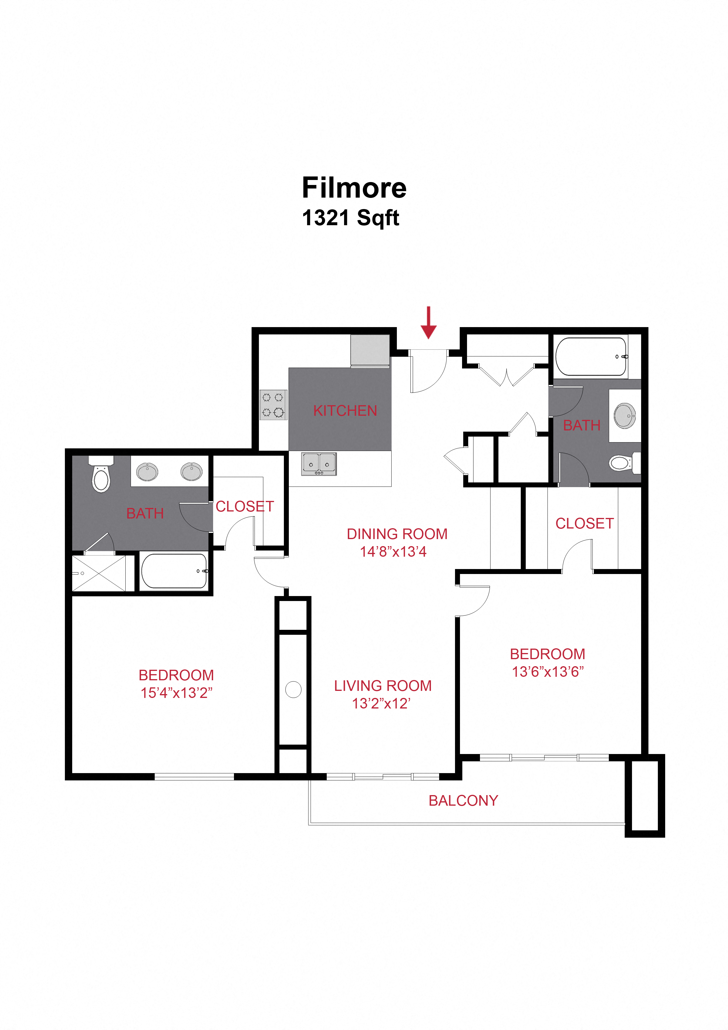 Floor plan for 2 beds, 2 baths, 1321 sqft