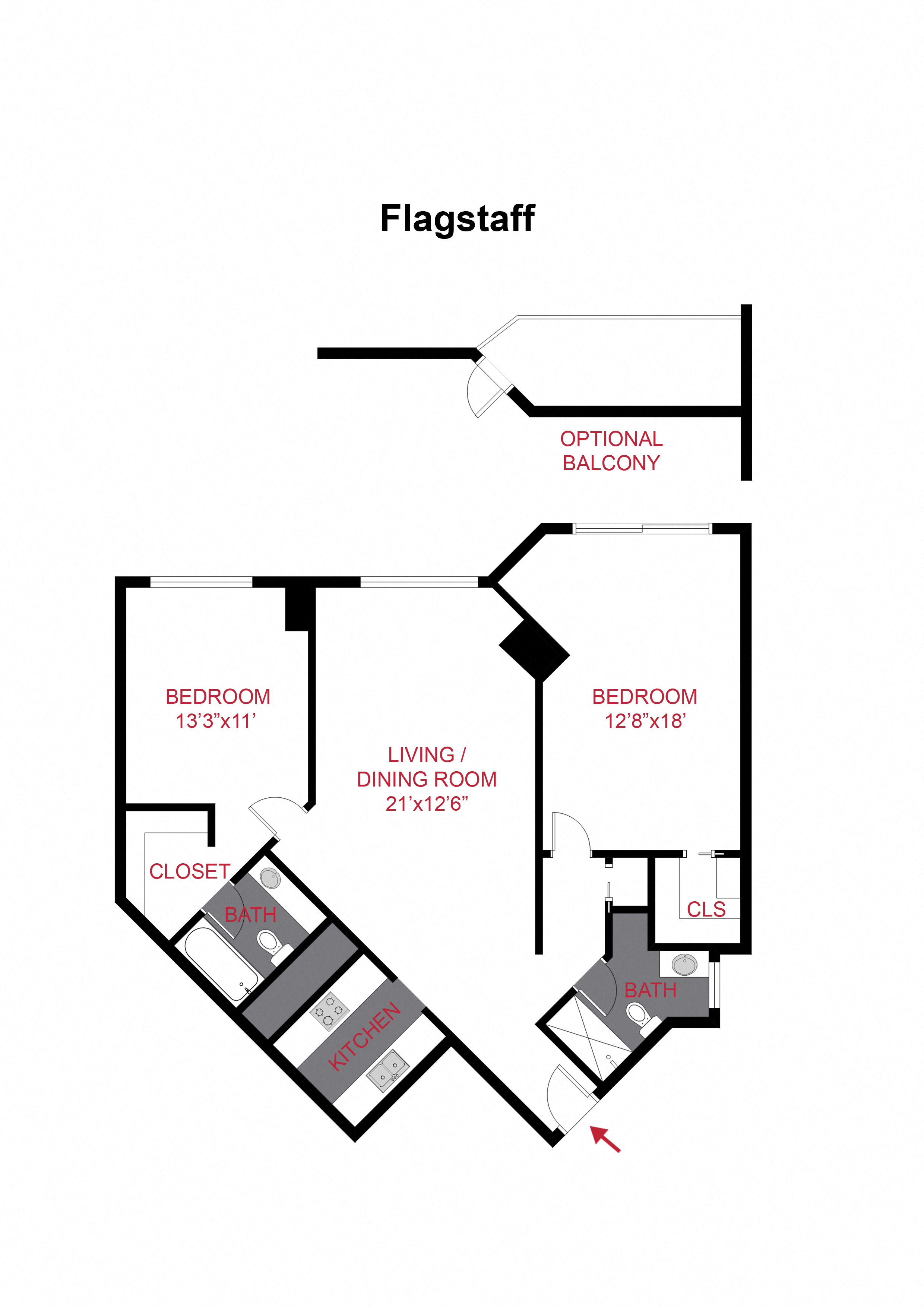 Floor plan for 2 beds, 2 baths, 985 sqft