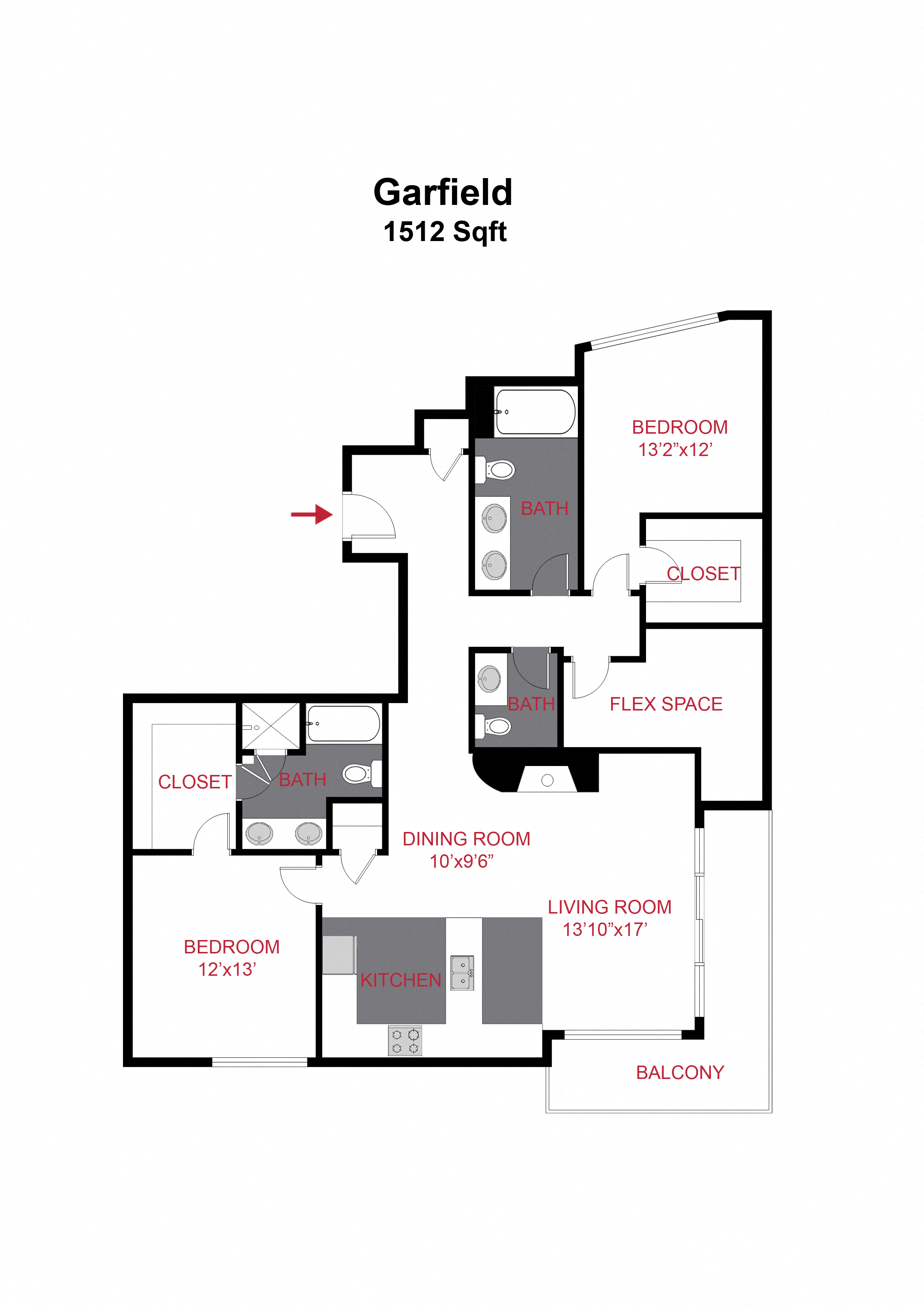 Floor plan for 2 beds, 2 baths, 1512 sqft