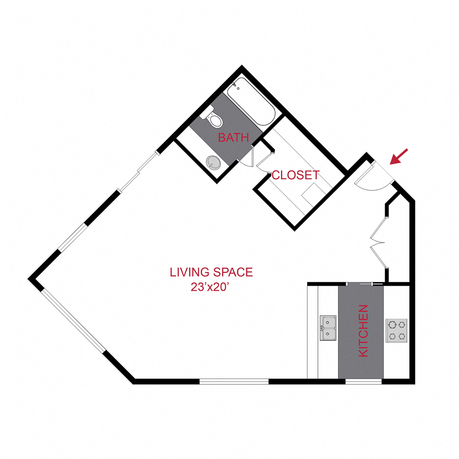 Floor plan for studio, 1 bath, 656 sqft