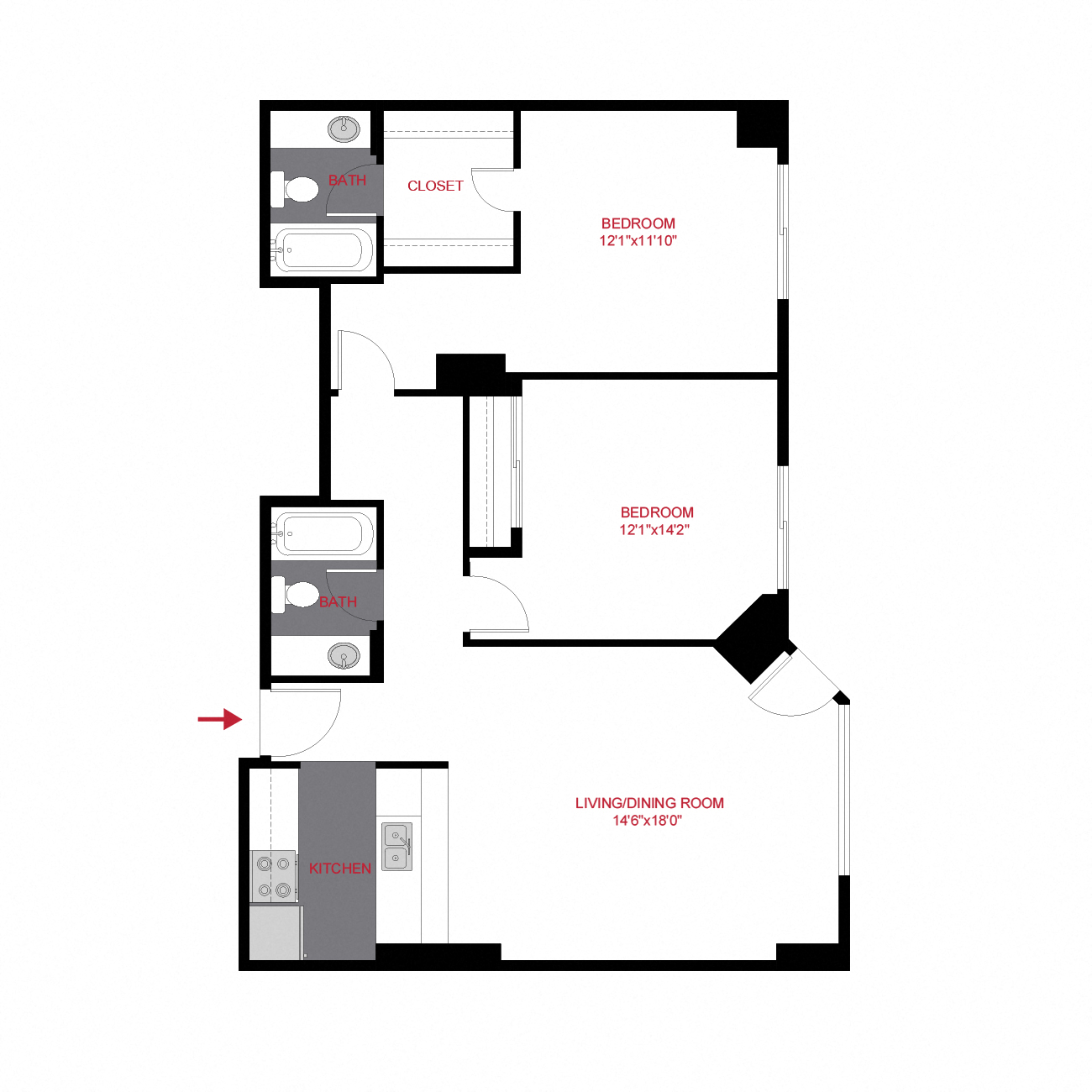Floor plan for 2 beds, 2 baths, 1114 sqft