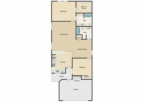 Floor plan for 2 beds, 2 baths, 1090 sqft