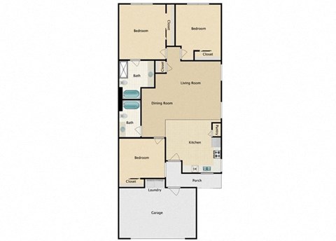 Floor plan for 3 beds, 2 baths, 1157 sqft