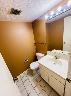 Lafayette house for rent - A bathroom with a toilet, sink, and mirror.