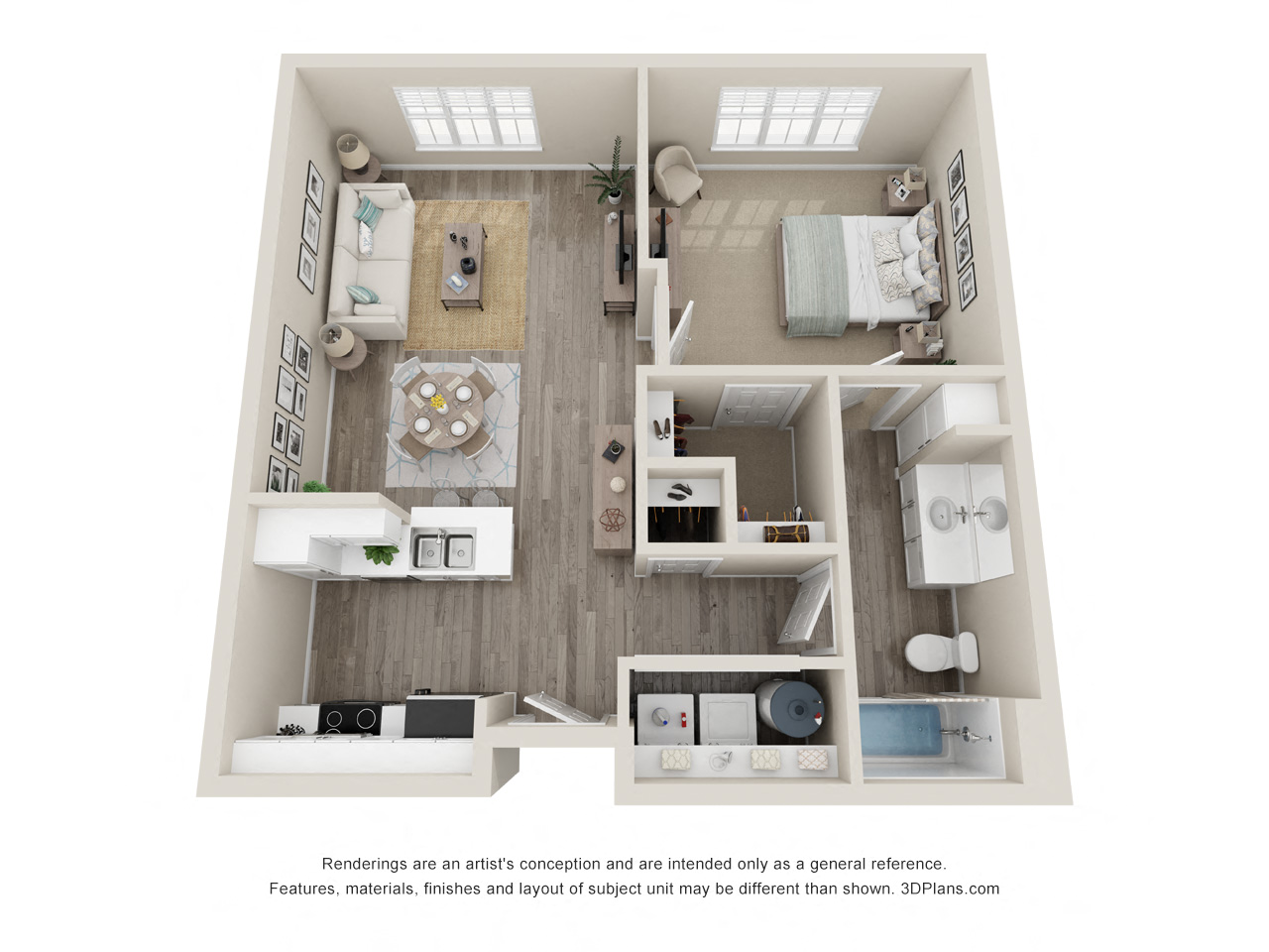 Floor plan for 1 bed, 1 bath, 689 sqft