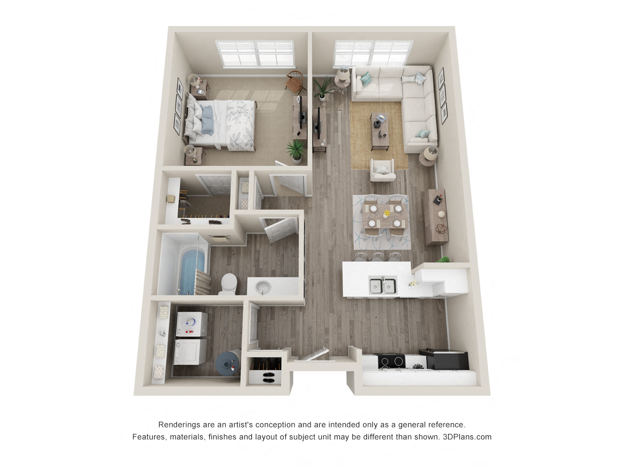 Floor plan for 1 bed, 1 bath, 695 sqft