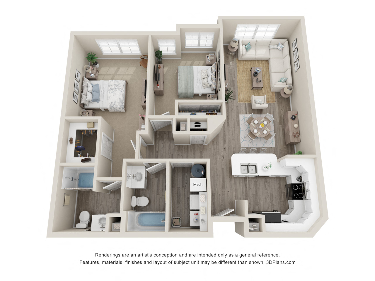 Floor plan for 2 beds, 2 baths, 1059 sqft