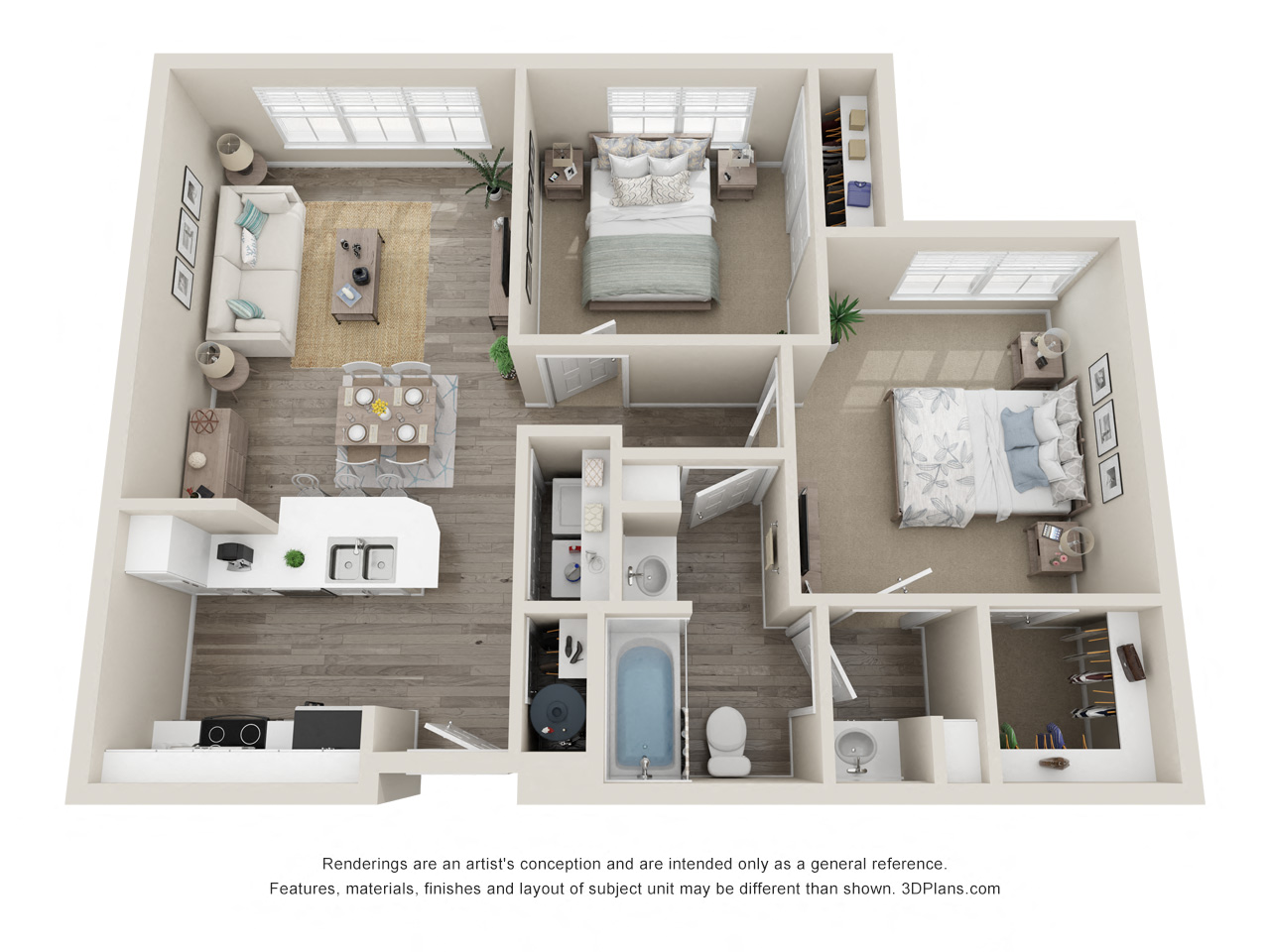 Floor plan for 2 beds, 1 bath, 846 sqft